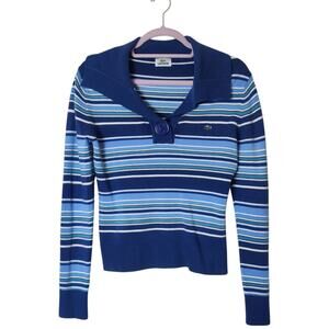 Vintage Y2K Lacoste Blue Striped Long Sleeve Knit Preppy Polo Shirt Small
